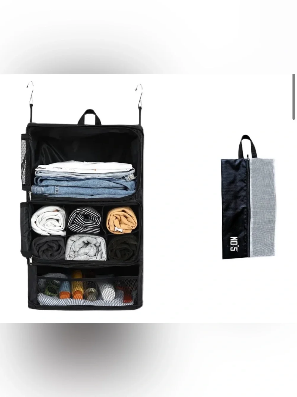 Travel Hanging Organizer Suitcase Compressible Storage Shelves Includes Shoe Bag